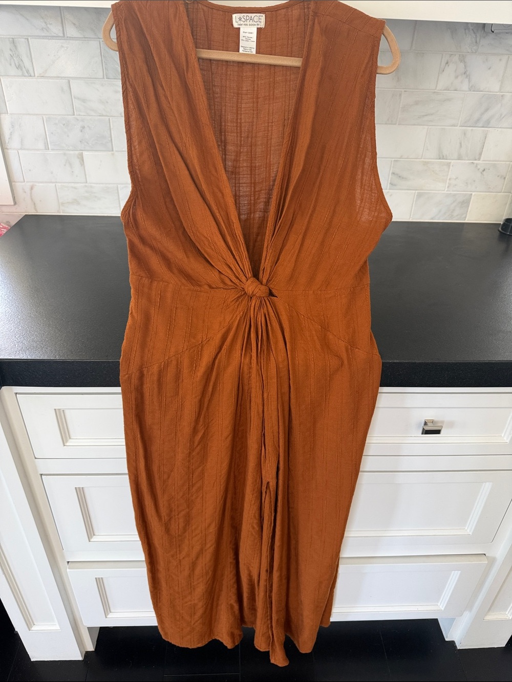 L *Space  Rust Orange long Knot-Front Sleeveless coverup deep plunge